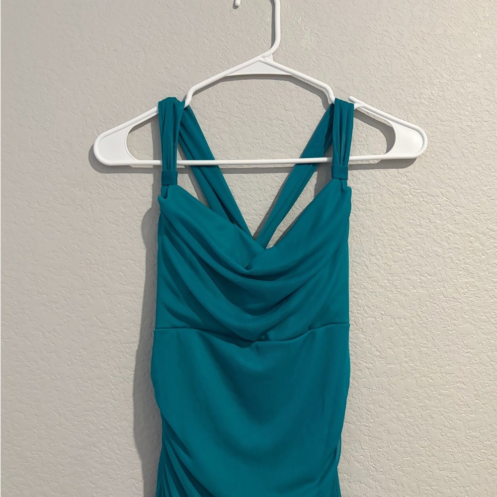 Ruby Rox Teal Blue Ruched Cowl Neck High-Low Ruffle Cocktail Dress Womens Medium - Picture 3 of 6